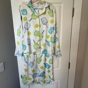Pickleball Print Satiny Pajama Set Boxy Long Sleeve/Bottom SzS Whimsical